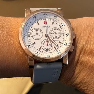 Michele Watch Rose Gold White Faced Grey Rubber Band